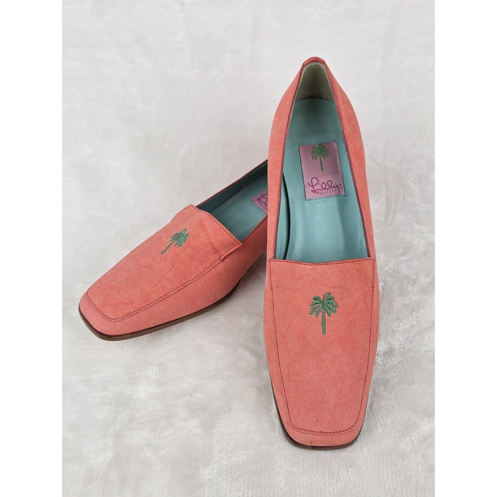 Lilly Pulitzer Coral Suede Loafers Womens 8.5M Palm Tree Italy